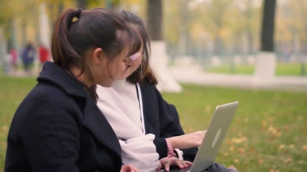 Двоє друзів використовують ноутбук у кампусі — стокове відео
