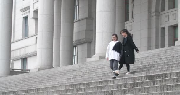 两个年轻的下巴女孩走的台阶随便 — 图库视频影像