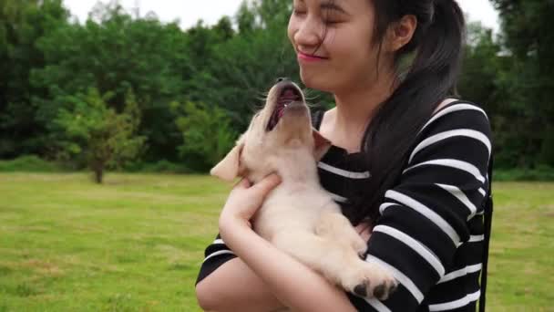 Feliz joven asiática mujer sosteniendo su cachorro Labrador al aire libre en el césped, 4k — Vídeos de Stock