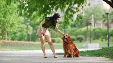 Asyalı kadın Golden Retriever 'ı usulca okşuyor..