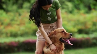 Golden retriever köpeği olan güzel genç bir Çinli kadın.