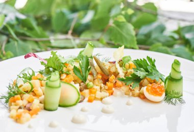 Beyaz plaka üzerinde hizmet veren geleneksel olivier salata yakın çekim