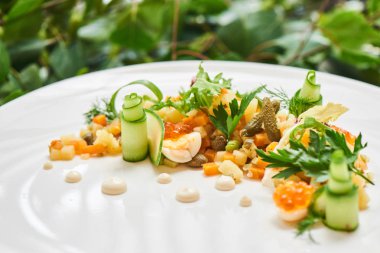 Beyaz plaka üzerinde hizmet veren geleneksel olivier salata yakın çekim