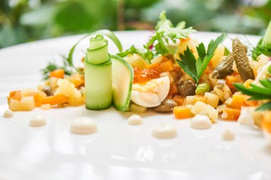 Beyaz plaka üzerinde hizmet veren geleneksel olivier salata yakın çekim