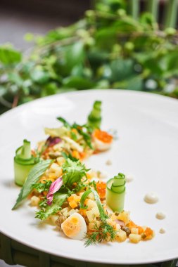 Beyaz plaka üzerinde hizmet veren geleneksel olivier salata yakın çekim