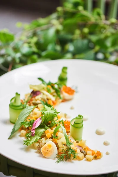 Beyaz plaka üzerinde hizmet veren geleneksel olivier salata yakın çekim