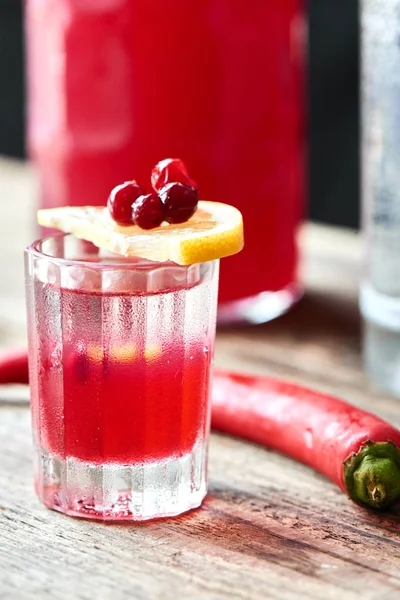 Boyarsky Alcoholic Cocktail Consisting Vodka Homemade Cranberry Tabasco Glass Wooden — Stock Photo, Image