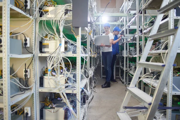 Erkek ve kadın kripto para birimleri çıkarılması için çiftlikte. Bitcoin incelemesi