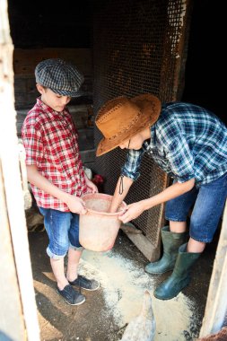İki kardeş bir tavuk kümesi katında gıda dağılım