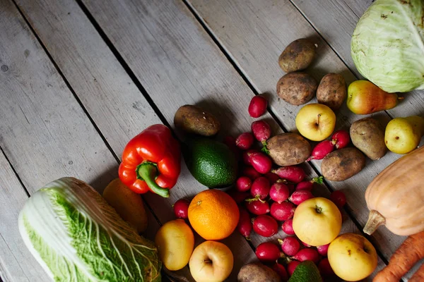 Conjunto Saludable Verduras Frutas Mesa Madera Vista Superior — Foto de Stock