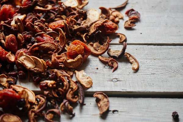 Set Dried Fruits Apples Apricots Raisins Wooden Table Close — Stock Photo, Image