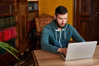 masada oturan ve laptop kitaplığındaki tipik sakallı yakışıklı 