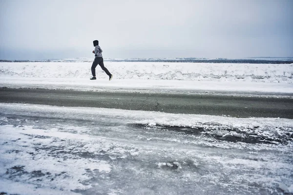 Side View Sportsman Sportswear Running Road Winter Morning — Stock Photo, Image