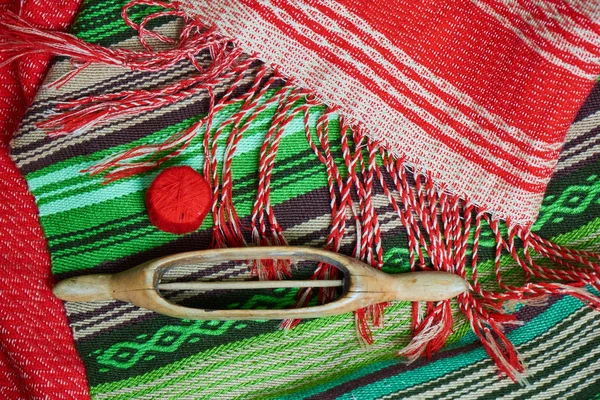 Pilha Têxteis Coloridos Feitos Mão Close — Fotografia de Stock