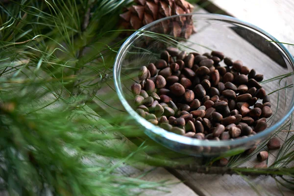 Close Pine Nuts Bowl Cones — Stock Photo, Image