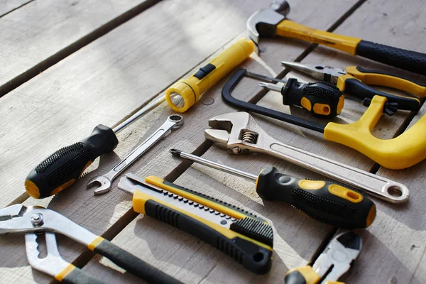 Repair Tools Grey Wooden Background Top View Space Text — Stock Photo, Image