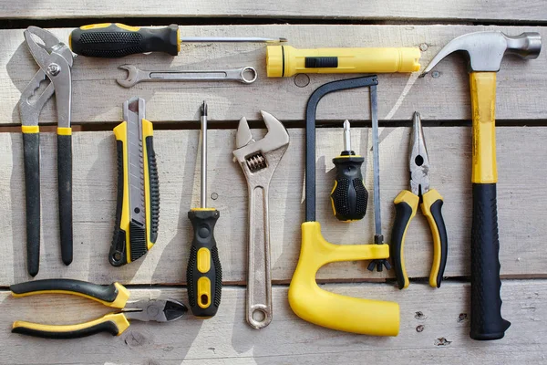 Herramientas Reparación Sobre Fondo Madera Con Espacio Copia — Foto de Stock