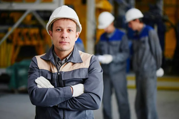 Portrait Man Overalls Helmet Background Group Workers Factory Building — Stock Photo, Image