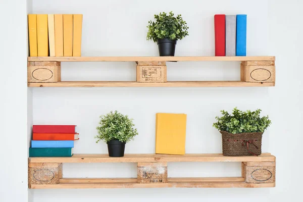 Prateleiras Madeira Com Livros Plantas Parede Branca — Fotografia de Stock