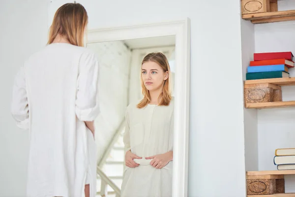 Depressed Woman Unhappy Appearance Looking Mirror Diet Concept — Stock Photo, Image