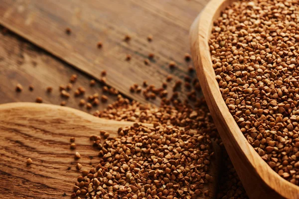 Wooden Bowl Cutting Board Buckwheat Table Close — Stock Photo, Image