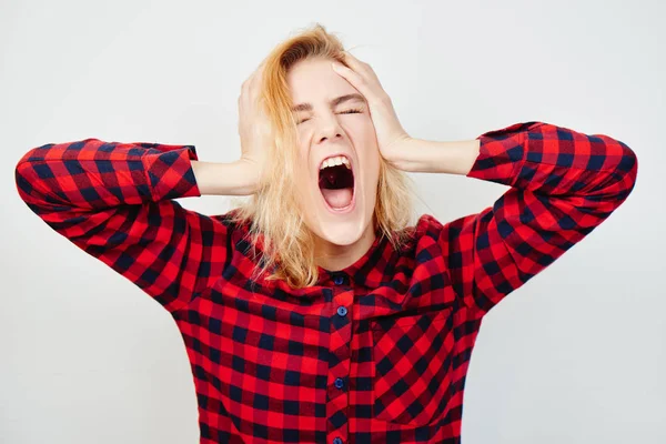 Sad Woman Depression Opened Mouth Screaming Isolated White Background Concept — Stock Photo, Image