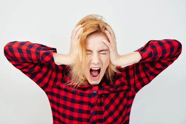 Sad Woman Depression Opened Mouth Screaming Isolated White Background Concept — Stock Photo, Image