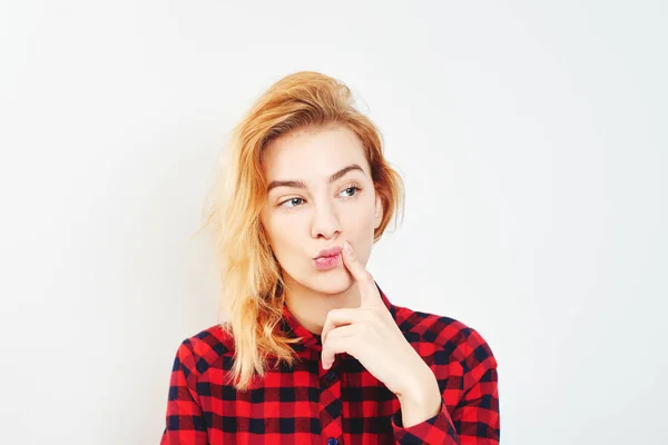 Pensive Woman Checkered Shirt Dreaming Looking Isolated White Background — Stock Photo, Image