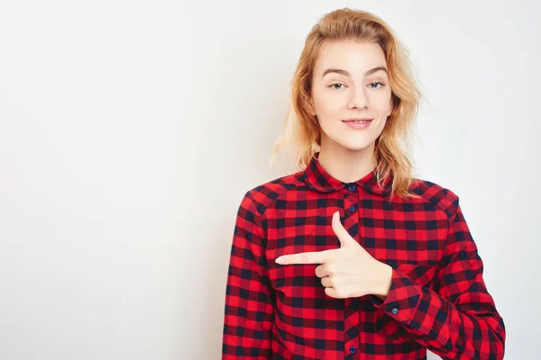 Beautiful Smiling Woman Checkered Shirt Pointing Finger Left Isolated White — Stock Photo, Image