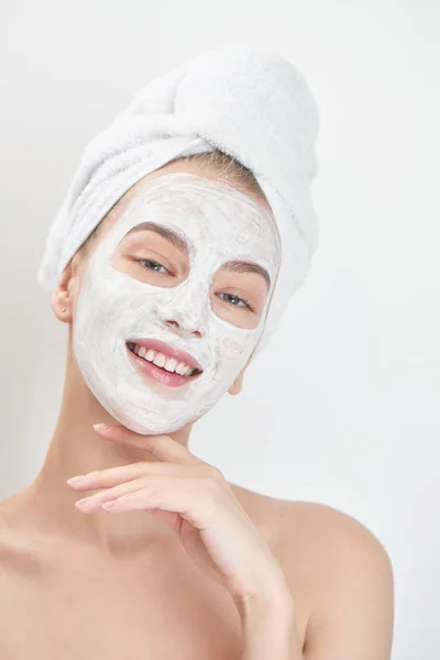 Portrait Woman Towel Head Mask Face Smiling Looking Camera Spa — Stock Photo, Image