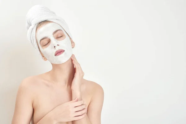 Sensual Naked Woman Towel Head Mask Face Covering Body Hands — Stock Photo, Image