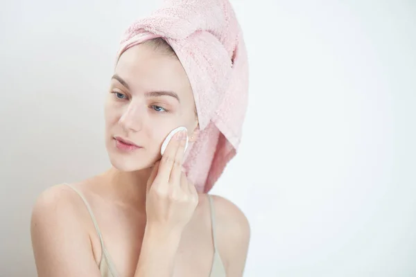 Woman Towel Head Wiping Clean Skin Cotton Pad White Background — Stock Photo, Image