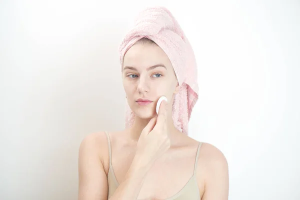 Woman Towel Head Wiping Clean Skin Cotton Pad White Background — Stock Photo, Image