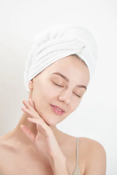 Satisfied Woman Closed Eyes Towel Head Touching Hand Clean Face — Stock Photo, Image