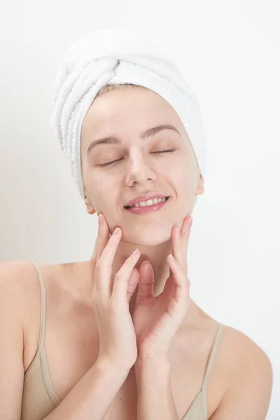 Satisfied Woman Closed Eyes Towel Head Touching Hands Clean Face — Stock Photo, Image