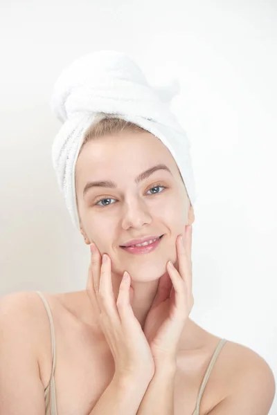 Young Woman Towel Head Touching Clean Face Skin Skin Care — Stock Photo, Image