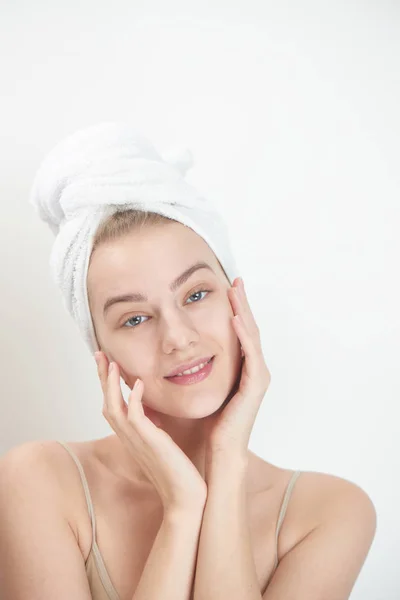 Young Woman Towel Head Touching Clean Face Skin Skin Care — Stock Photo, Image