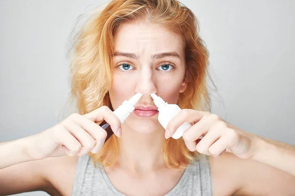 Tired Sick Woman Two Spray Bottles Dripping Nose Drops Nose — Stock Photo, Image