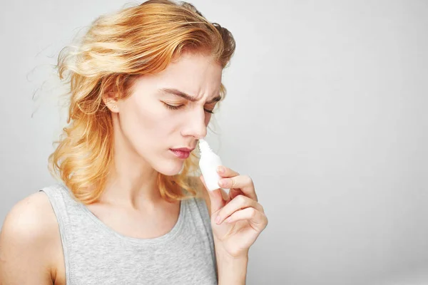 Woman Dripping Nose Drops Treatment Rhinitis Concept — Stock Photo, Image