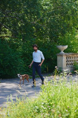 Yaz Park'ta yürüyüş köpekli yakışıklı adam 