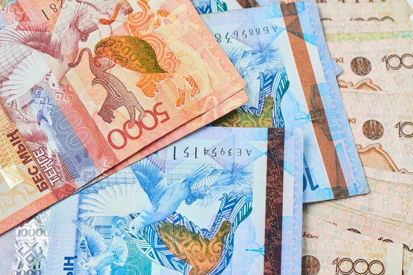 Stapel Van Kazachs Tenge Bankbiljetten Close Devaluatie Van Wisselkoers Concept — Stockfoto