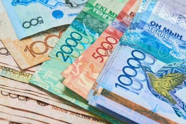 Pile Banconote Tenge Kazakhstani Primo Piano Svalutazione Del Concetto Tasso — Foto Stock