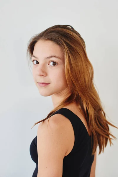 Portrait Young Brunette Girl Black Tank Top Looking Camera Isolated — Stock Photo, Image