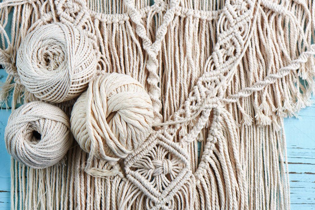 tangles of thread on Handmade macrame braiding, close-up
