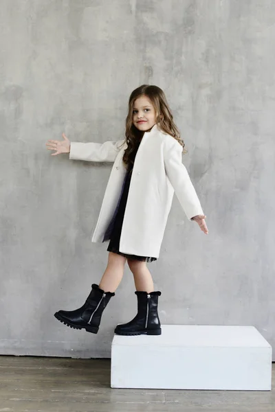 Cute Little Girl White Coat Posing Studio Grey Wall Background — Stock Photo, Image