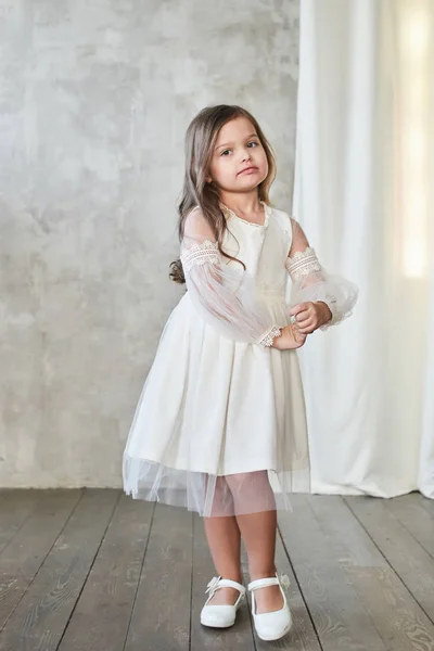 Pretty Little Girl Stylish White Dress Posing Grey Background Children — Stock Photo, Image