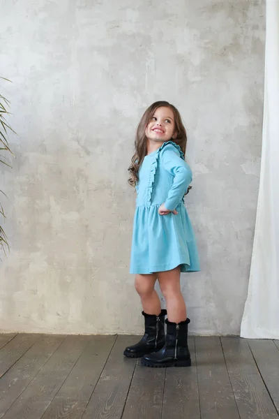 Cute Stylish Little Girl Blue Dress Posing Grey Wall Background — Stock Photo, Image
