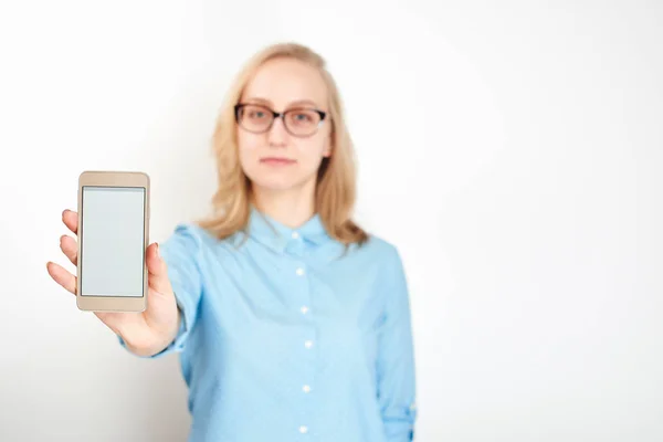 Cute Woman Showing Smartphone Camera Isolated White Background — Stock Photo, Image