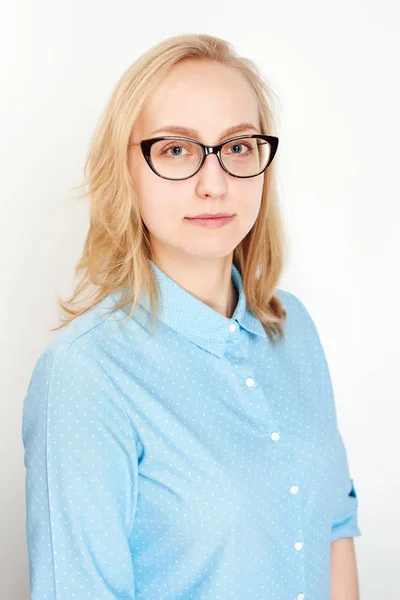 Businesswoman Wearing Blue Shirt Glasses Looking Camera Isolated White Background — Stock Photo, Image