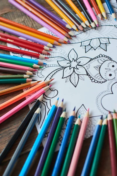 Baykuş Çiçeklerle Çevrili Kalemler Tahta Masada Güzel Resim Yakın Çekim — Stok fotoğraf
